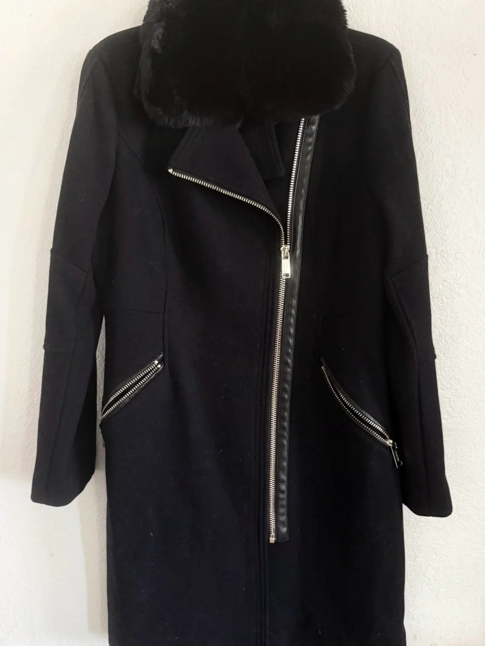 Michael Kors Black Wool-Blend Trench Coat with Faux Fur Collar